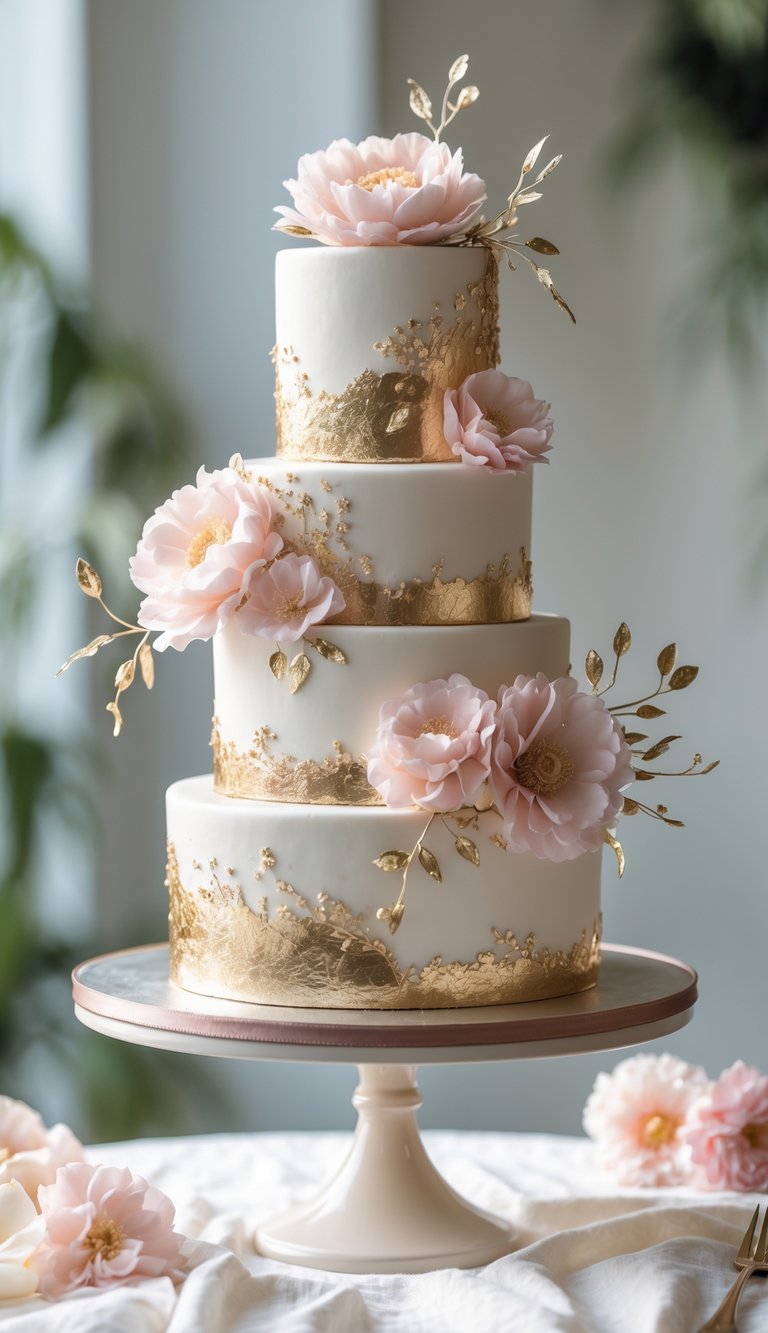 A wedding cake decorated with soft pink flowers and gold accents on a white background.